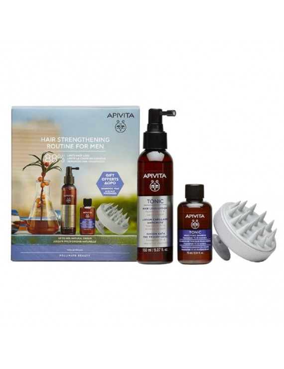 Apivita Promo Hair Strengthening Routine for Men Πρόγραμμα Ενδυνάμωσης Μαλλιών για Άνδρες με Hair Loss Lotion Λοσιόν κατά της Τριχόπτωσης, 150ml & Δώρο Mini Tonic Shampoo Τονωτικό Σαμπουάν, 75ml & Scalp Brush Massager, 1σετ