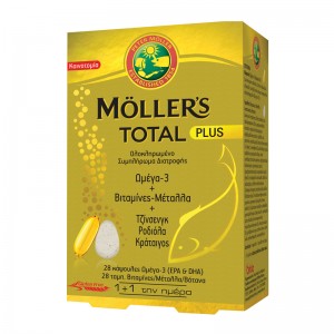 MOLLER'S Total Plus, Ω3 & Βιταμίνες - Μέταλλα & Τζίνσενγκ, Ροδιολα, Κράταιγος - 28 Caps + 28 Tabs