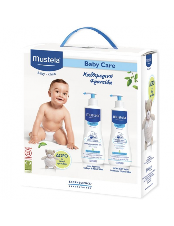 Mustela Baby Care Pack ΠΑΚΕΤΟ με Gentle Cleansing Gel Τζελ Καθαρισμού για Μαλλιά & Σώμα, 500ml & Bebe Lait Corps Ενυδατικό Γαλάκτωμα , 500ml & ΔΩΡΟ το Αρκουδάκι, 1 τεμάχιο