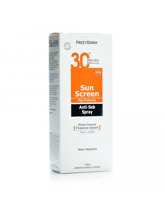 Frezyderm Sun Screen Spray Anti-Seb SPF30, Αντηλιακό Γαλάκτωμα Προσώπου-Σώματος 150 ml 