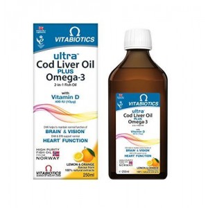 Vitabiotics Ultra 2 in 1 Cod Liver Oil Syrop Υγρό Σκεύασμα Με Συνδυασμό Ω-3 Ιχθυελαίων & Μουρουνέλαιου 250 ml.