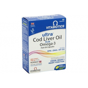 Vitabiotics Ultra 2 in 1 Cod Liver Oil Σκεύασμα Με Συνδυασμό Ω-3 Ιχθυελαίων & Μουρουνέλαιου 60 caps