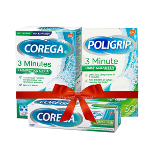 Πακέτο Δώρου - Corega 3 Minutes tabs - Καθαριστικά δισκία για οδοντοστοιχίες, 36tabs & Corega Whitening 36 δισκία & Corega 3D Hold Ultra Fresh Στερεωτική Κρέμα Οδοντοστοιχιών 40g (δυνατή συγκράτηση, 40GR 