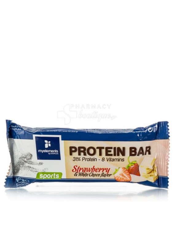 MyElements Sports Protein Bar Mπάρα Πρωτεΐνης εμπλουτισμένη με βιταμίνες, με γεύση Φράουλα-Λευκή Σοκολάτα, 60gr