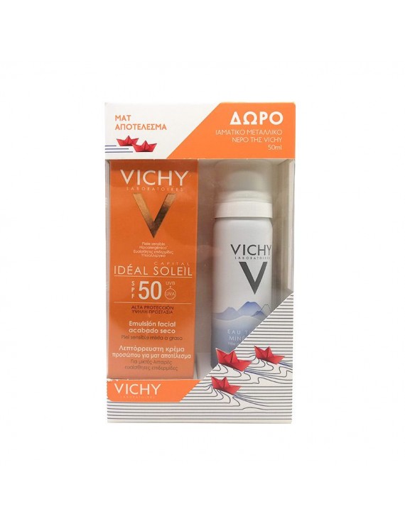 VICHY Ideal Soleil SPF50+ Κρέμα Με Βελούδινη Υφή Για Ξηρές Επιδερμίδες 50ml & Δώρο Ιαματικό Μεταλλικό Νερό 50ml