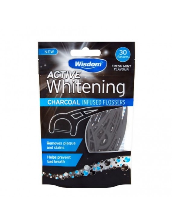 Wisdom Active Whitening Charcoal Infused Flossers 30τεμ (Οδοντικό Νήμα με Λαβή με Ενεργό Άνθρακα για Λευκά Δόντια)